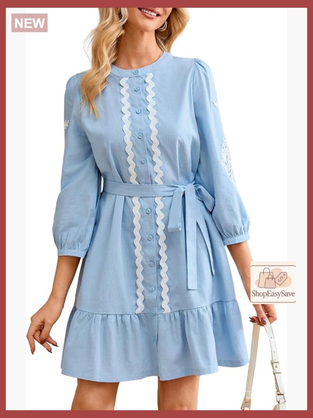 Babydoll Tunic Dress Puff Sleeve Button Down 3D Embroidered Belted Mini Shirt